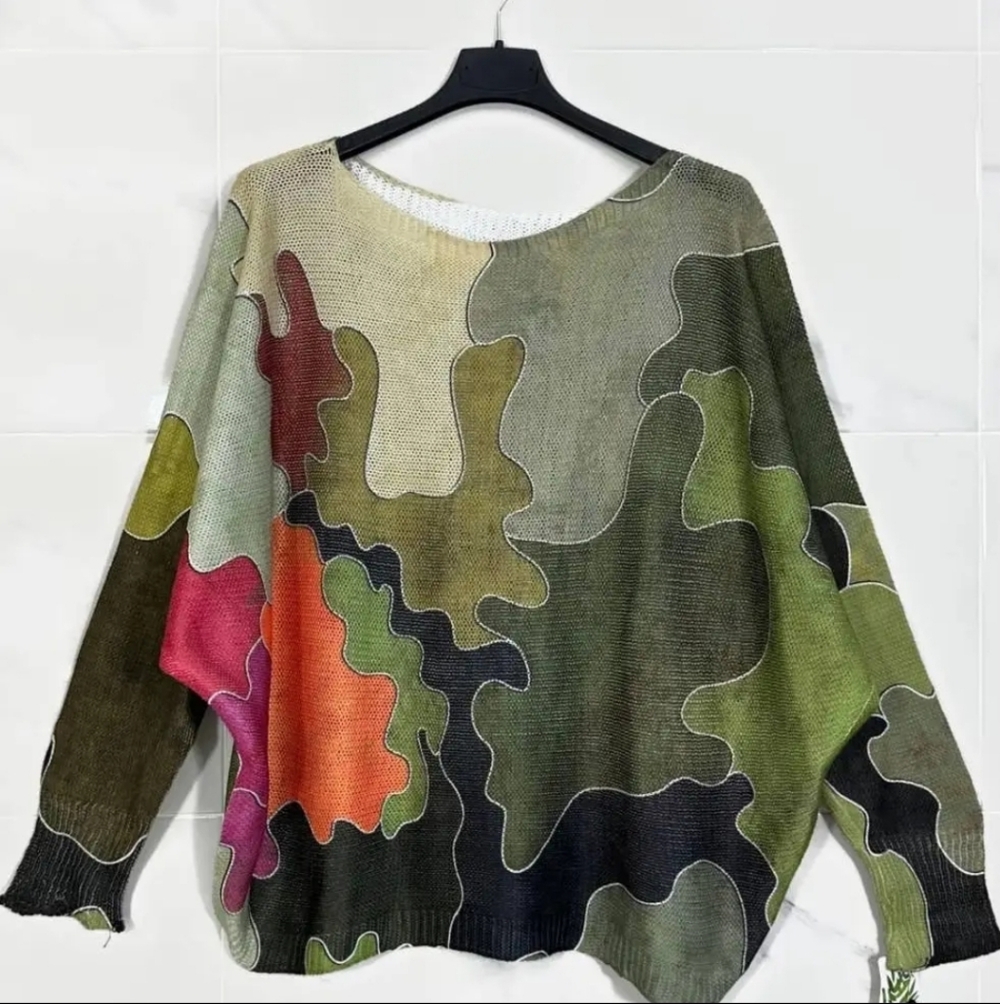 Camo Print Knit Sweater Made in Italy | Chic Oversized Dolman Top - Picture 2 of 6